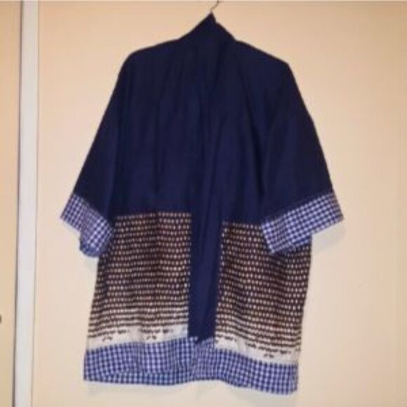 One-of-a-Kind Indigo blue & ivory print Patchwork Kimono | Blue Gingham Trim - Picture 2 of 12